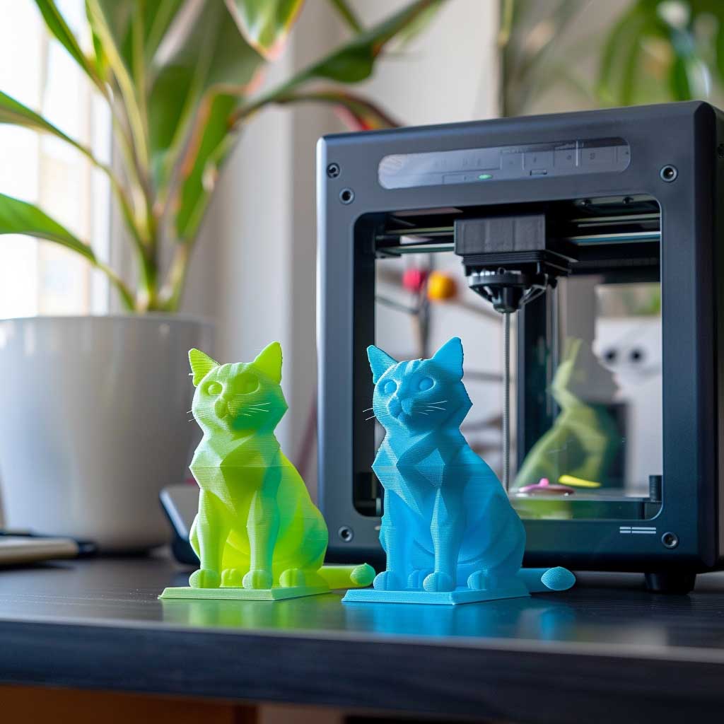 3D Drucker mit zwei 3D gedruckten Katzen in blau und grün (KI generiert)