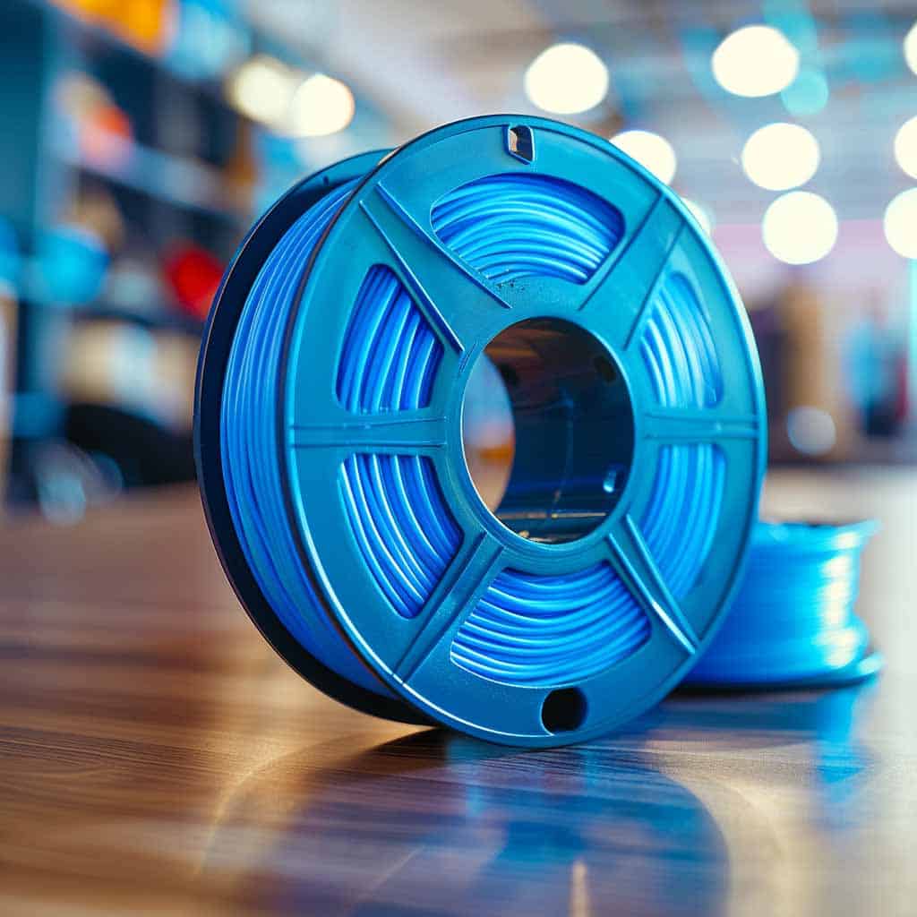 3D Filament Rolle blau - steht auf einem Tisch, im Hintergrund noch mehr Rollen (KI generiert)