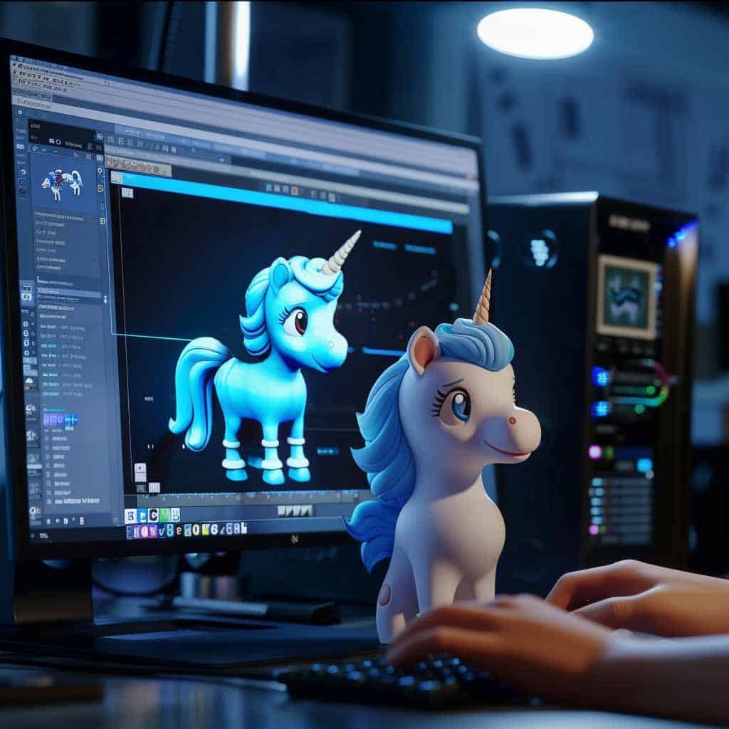 3D Model Unicorn Einhorn - Jemand erstellt gerade ein 3D Model am PC (KI generiert)