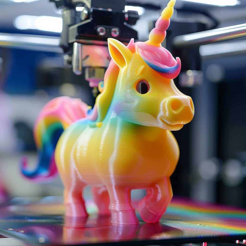 3D gedrucktest Einhorn steht fertig auf einem FDM 3D Drucker (KI generiert)