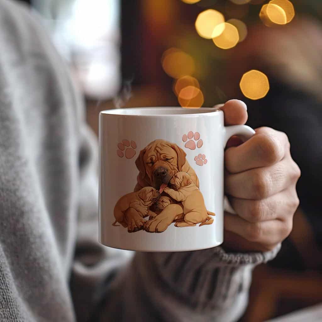 Tasse weiß mit Hunde Familie Motiv Vatertag - Mann mit Strickpullover hält Kaffeetasse in der Hand