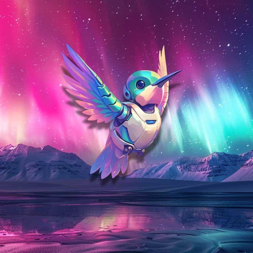 Pixel Bot Kolibri Maskottchen vor einer Aurora Borealis