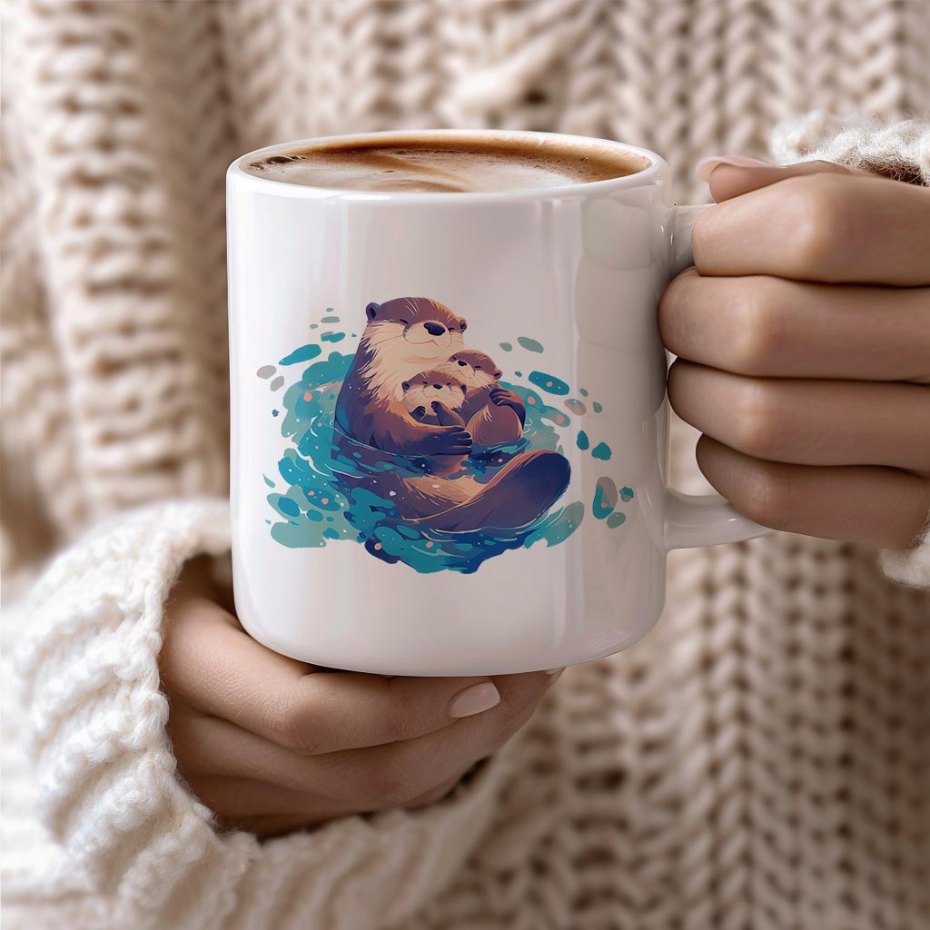 Tasse weiß Frau mit Pullover - Kaffeetasse Geschenk mit Muttertag Design Otter Familie