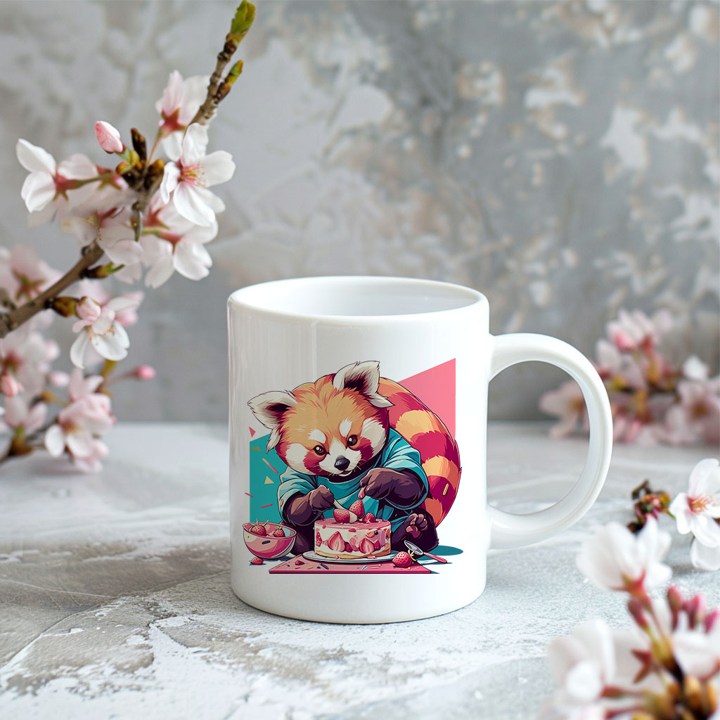 Tasse weiß mit rotem Panda Erdbeertorte Motiv Hobby Backen - Teetasse steht auf Marmor Untergrund bestückt mit Kirschblütenzweigen