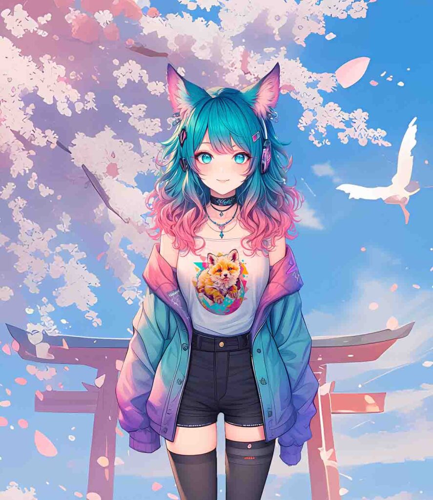 Aurora KI Managerin Fuchsgöttin mit Fox Easter T-Shirt vor einem Schrein in Japan mit Kirschblüten