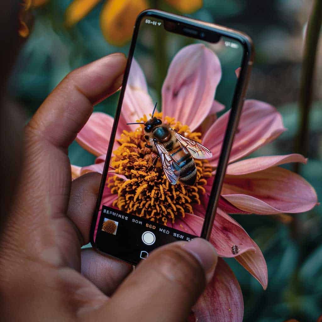 Fotografie - Ansicht Hand mit Smartphone fotografiert mit dem Makromodus eine Biene auf einer rosa rötlichen Blume (KI generiert)