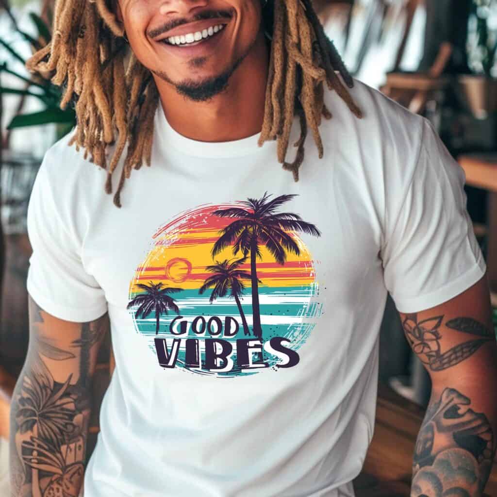 Tshirt schwarz Good Vibes Beach Motiv Palmen Sonnenuntergang - Ansicht auf Mann an der Strandbar