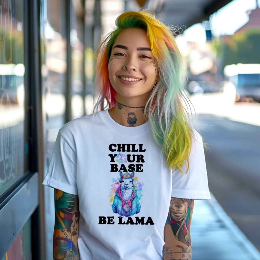 Junge Frau mit tattoos und mit Haaren wie der Regenbogen und dem Tshirt "chill your base be lama"