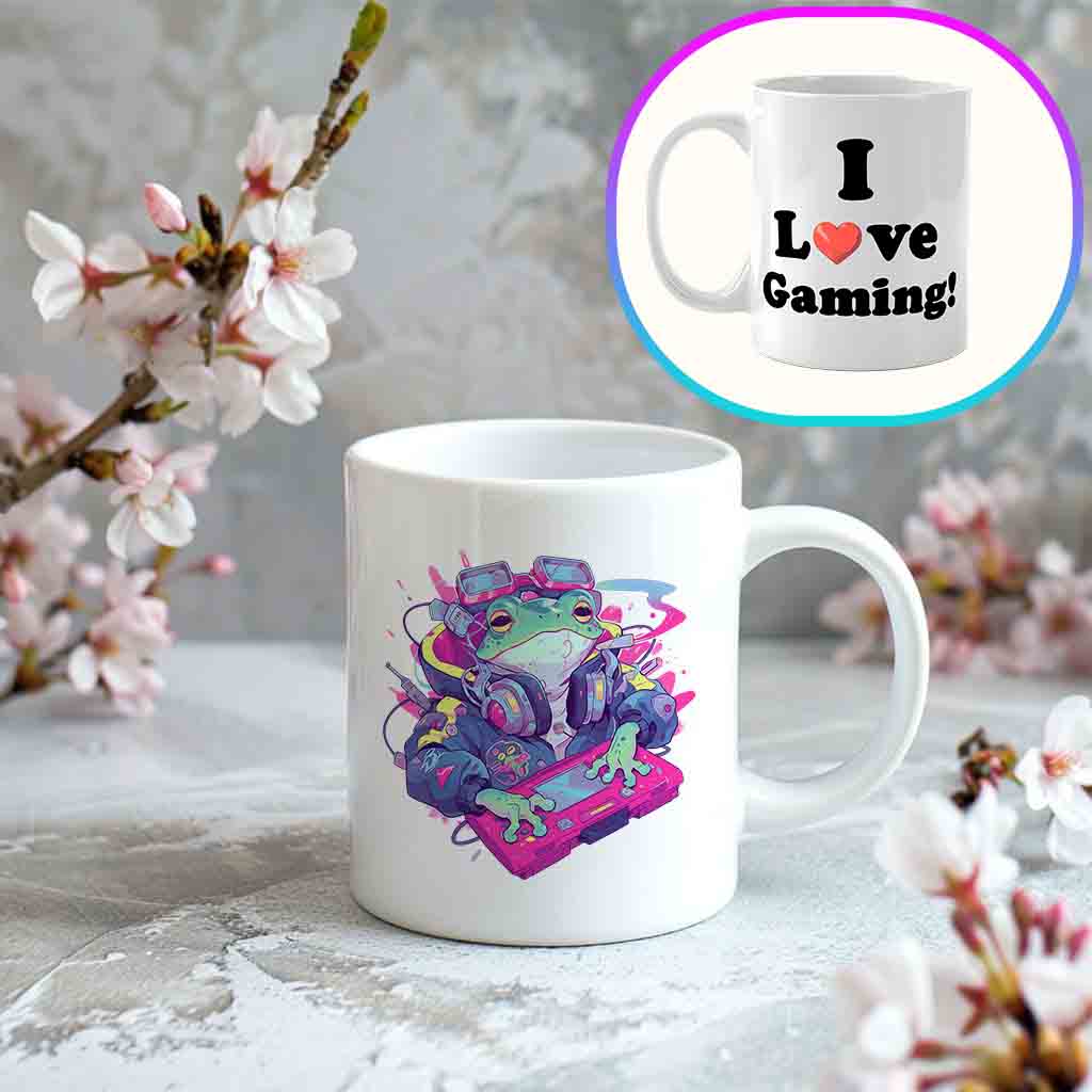 Tasse weiß Gamer Frog Frosch I Love Gaming - Ansicht auf Marmor mit Kirschblüten