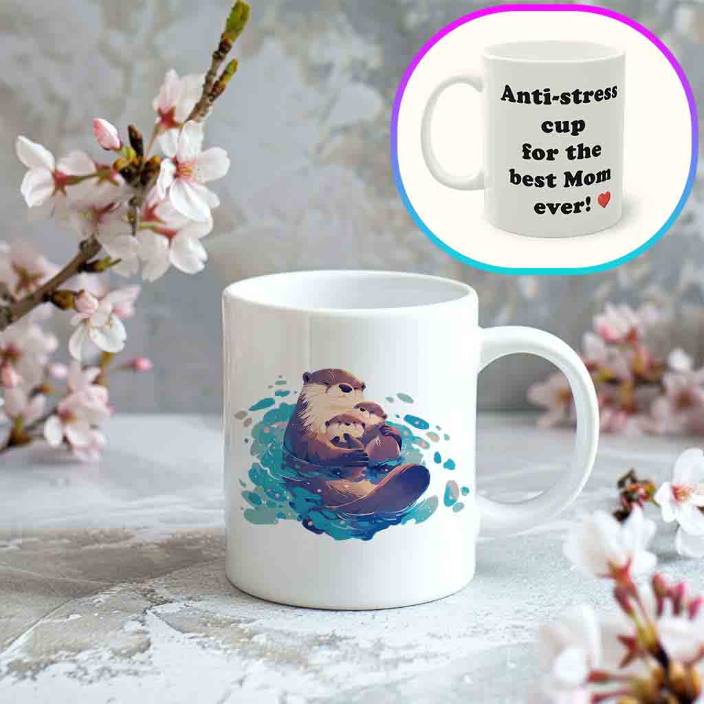 Tasse weiß Muttertag Otter mit 2 Jungen Anti-stress cup for the best Mom ever! - Ansicht auf Marmor mit Kirschblüten