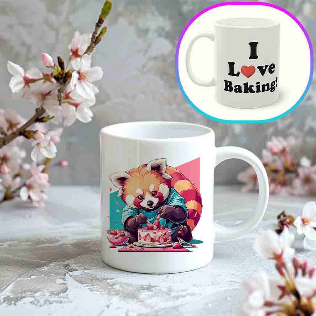 Tasse weiß Backen Hobby Red Panda Love Baking - Ansicht auf Marmor mit Kirschblüten