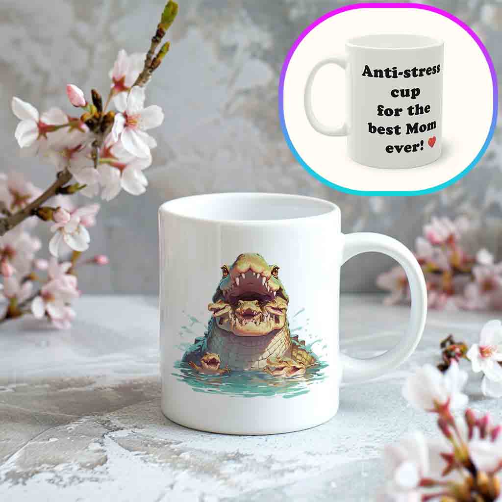 Tasse weiß Muttertag Krokodil Mom mit 6 Jungen Anti-stress cup for the best Mom ever! - Ansicht auf Marmor mit Kirschblüten