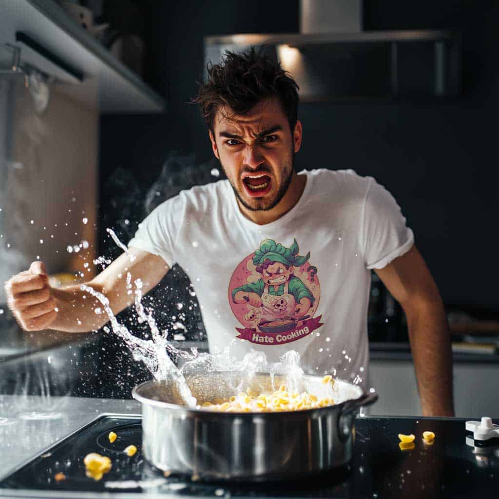 Hate Cooking Man Tshirt weiß - junger Mann steht in der Küche vor dem Herd mit einem Topf Nudeln und rastet aus