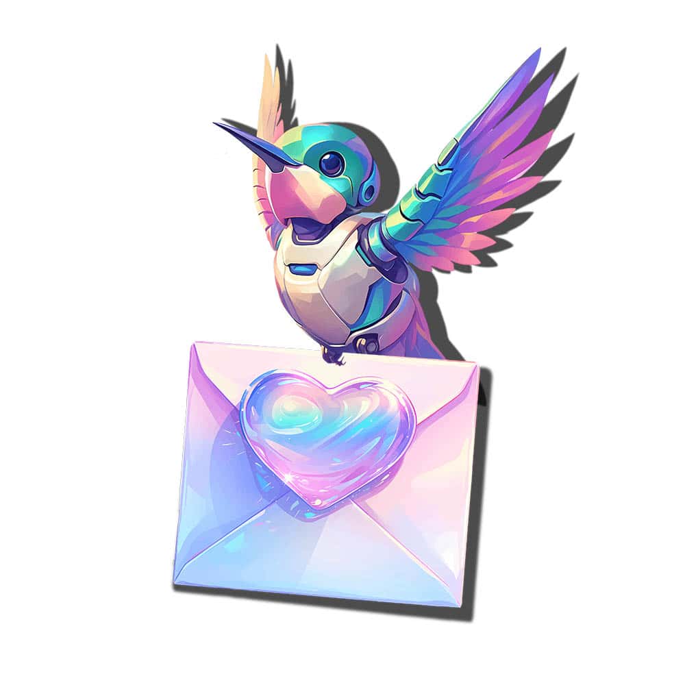 Hummingbird Bot Maskottchen Pixel - trägt ein Briefumschlag mit einem Herzsiegel