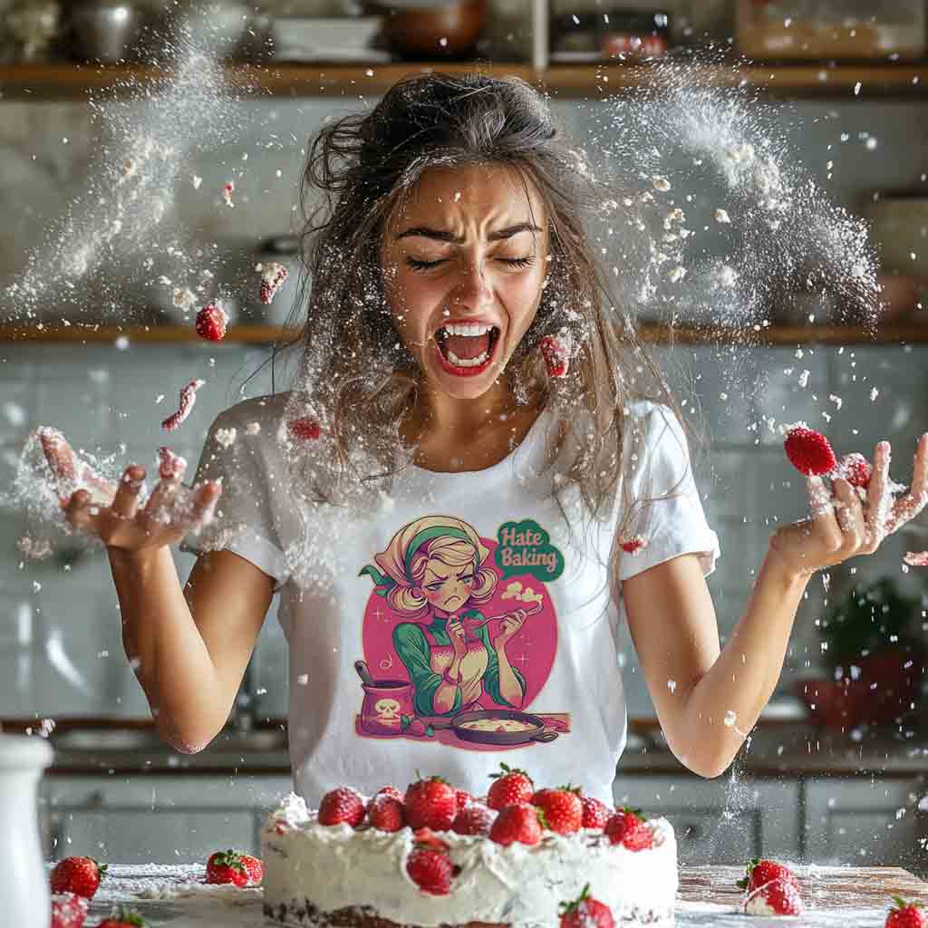 Hate Baking Woman T-shirt weiß - junge Frau steht in der Küche vor einer halb fertigen Erdbeertorte und sie rastet aus, Mehl und Erdbeeren fliegen umher