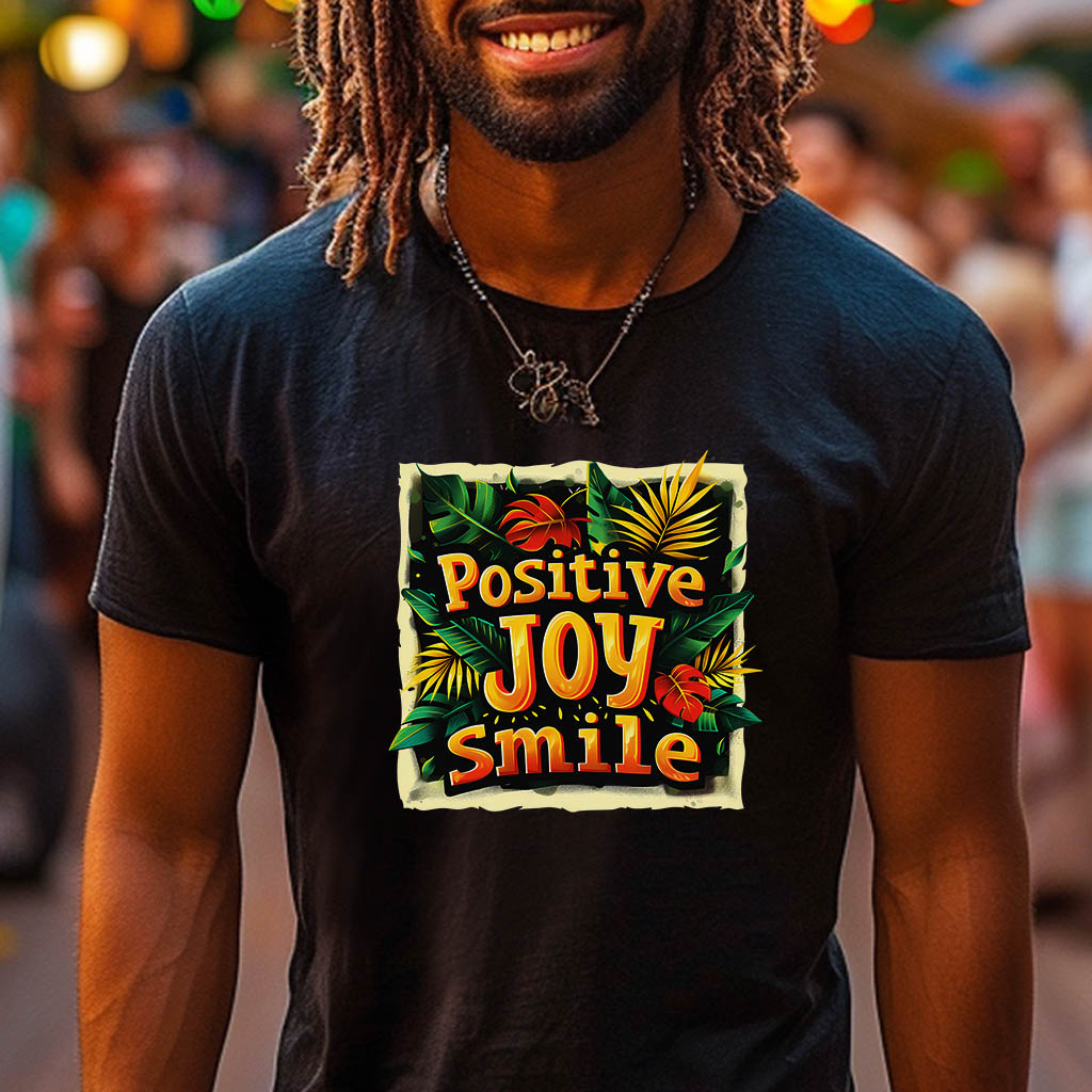 Positive Joy Smile gute Laune Shirt - Person mit schwarzem T-Shirt bei einer Party