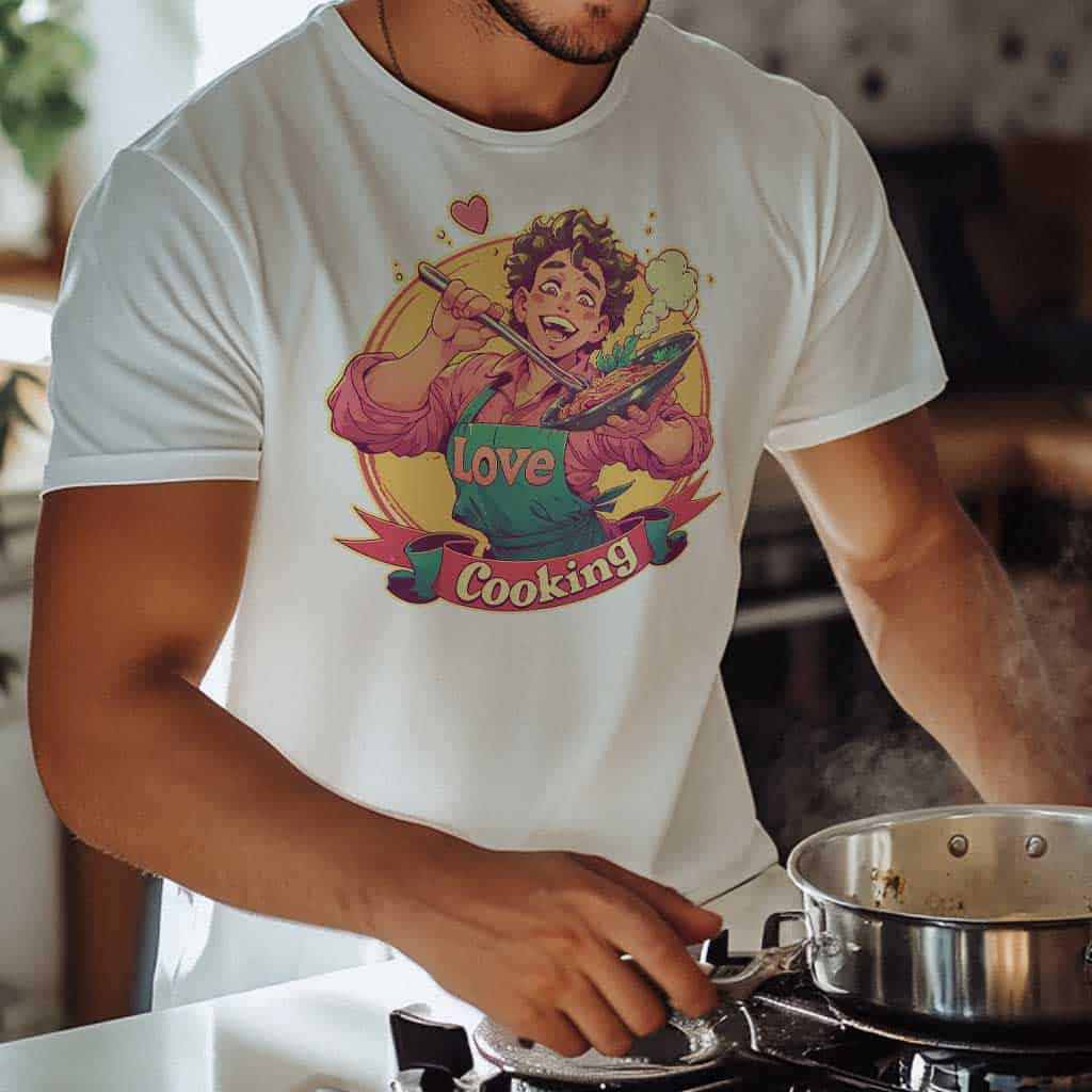 Love Cooking Man Tshirt weiß - junger Mann steht in der Küche vor dem Herd mit einem Topf und kocht