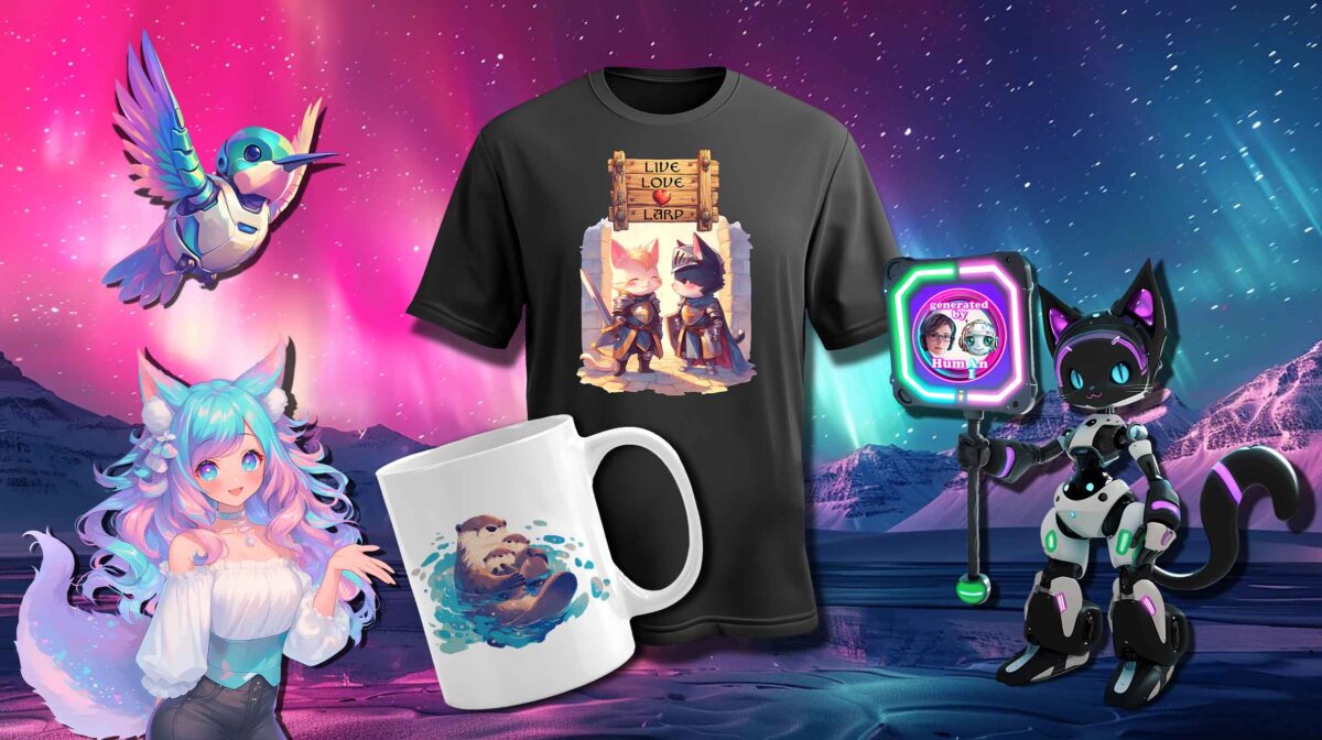 Website Titelbild Startseite - Maskottchen Hummingbot Pixel, Catbot Six und KI Managerin Aurora präsentieren Tshirt mit Katzenritter und Tasse Otterfamilie