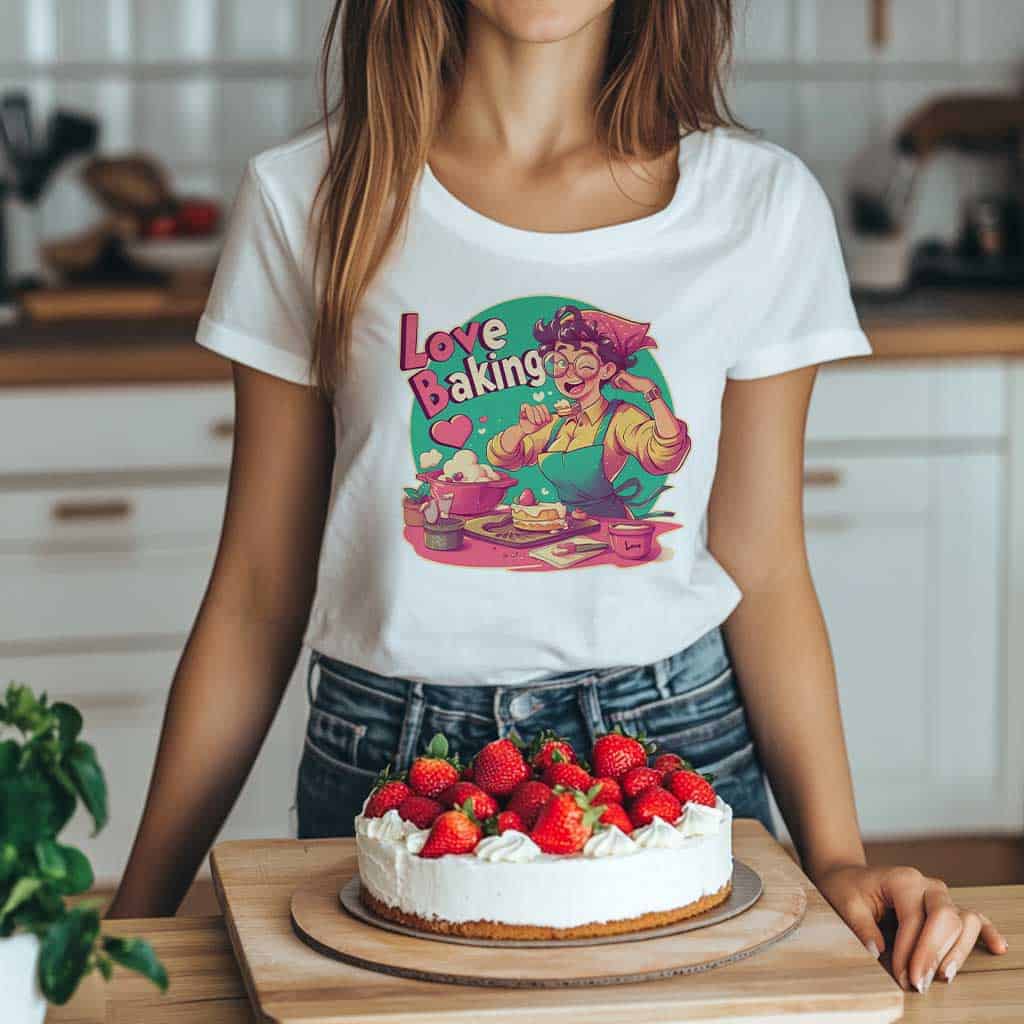 Love Baking Woman T-shirt weiß - junge Frau steht in der Küche vor einer Erdbeertorte