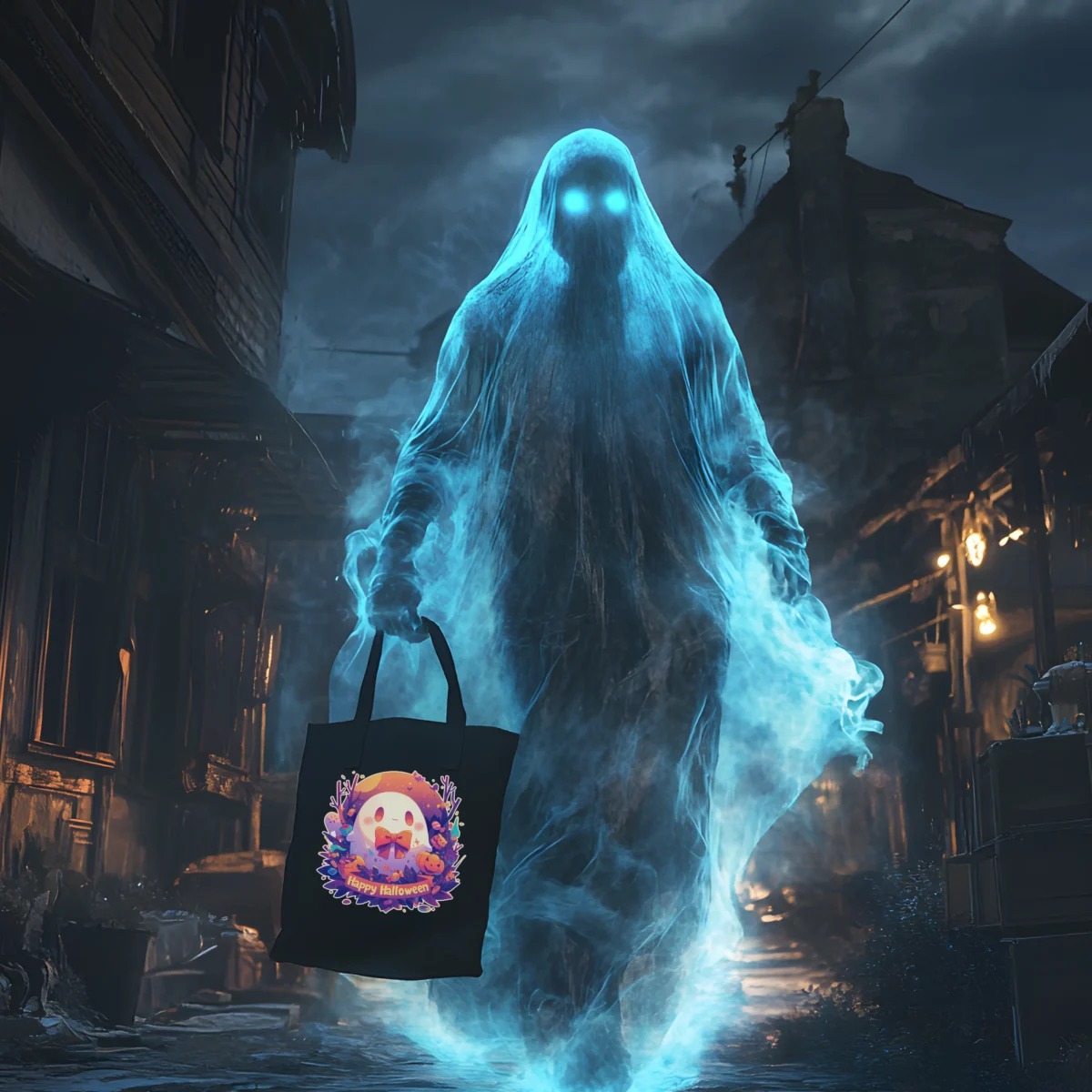 Geist Ghost Halloween Tote Bag Baumwolltasche schwarz - Geist durchstreift nachts die Straßen und hält Tasche in der Hand - KI generiert