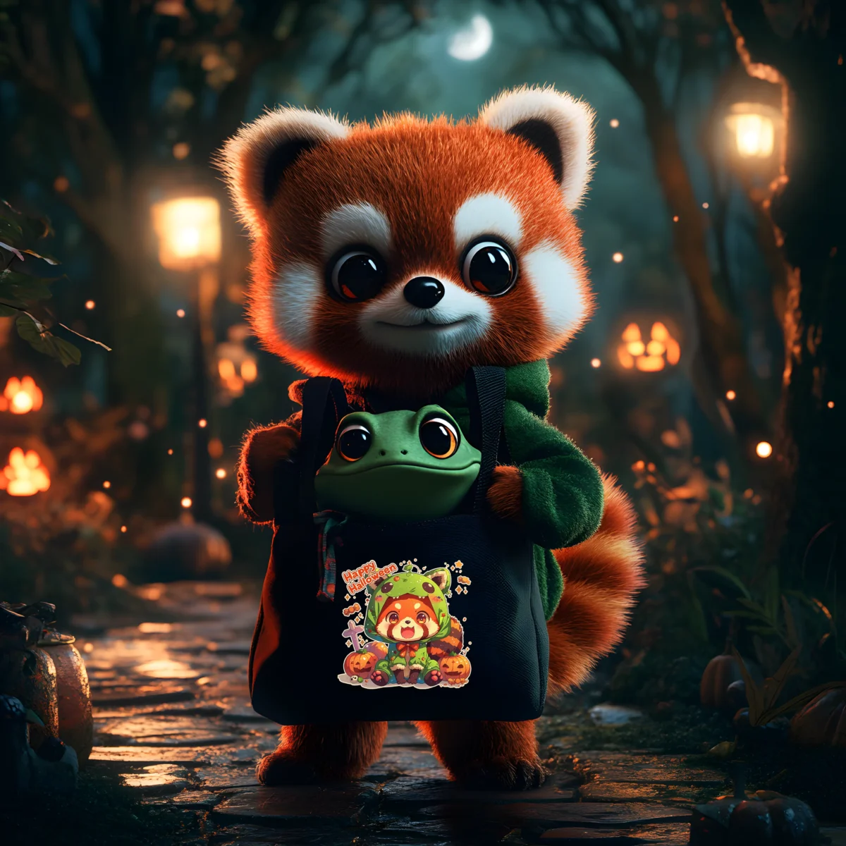 Red Panda roter Panda Frog Frosch Tote Bag Baumwoll Tasche schwarz - roter Panda trägt die Tasche mit dem Frosch drin - KI generiert