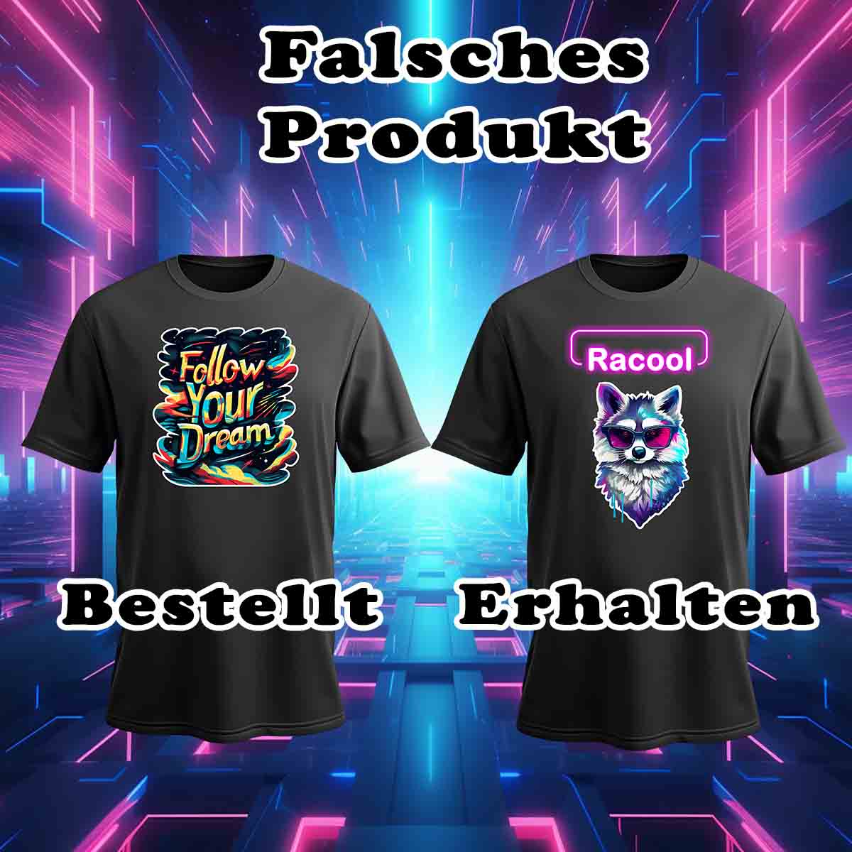 T-Shirt Fehler falsches Produkt erhalten - Follow your dream Design bestellt, Racool Design erhalten