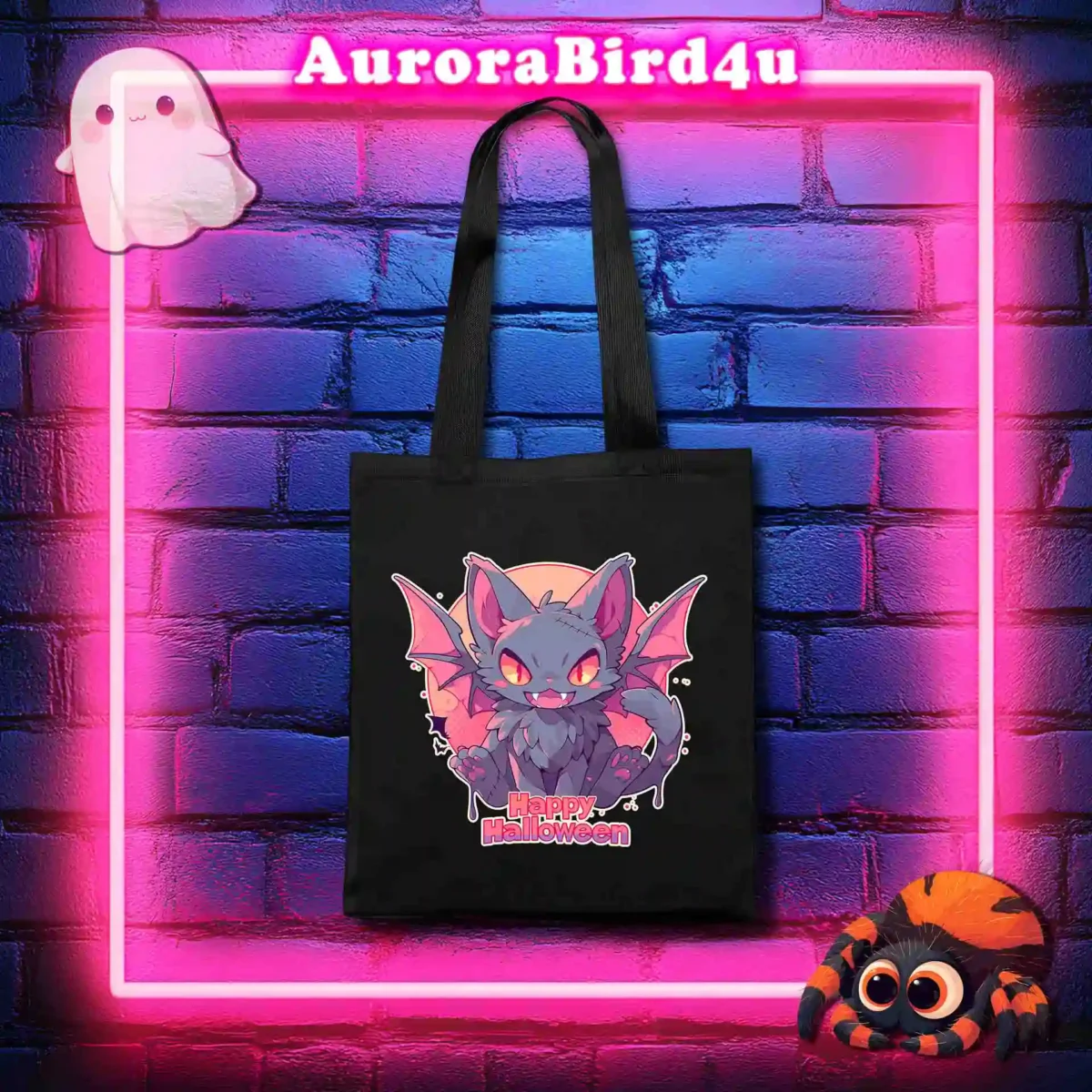 Pinker Neon Rahmen auf blauem Backstein mit Geist und Spinne - schwarze Baumwolltasche mit Fledermaus Katze Design