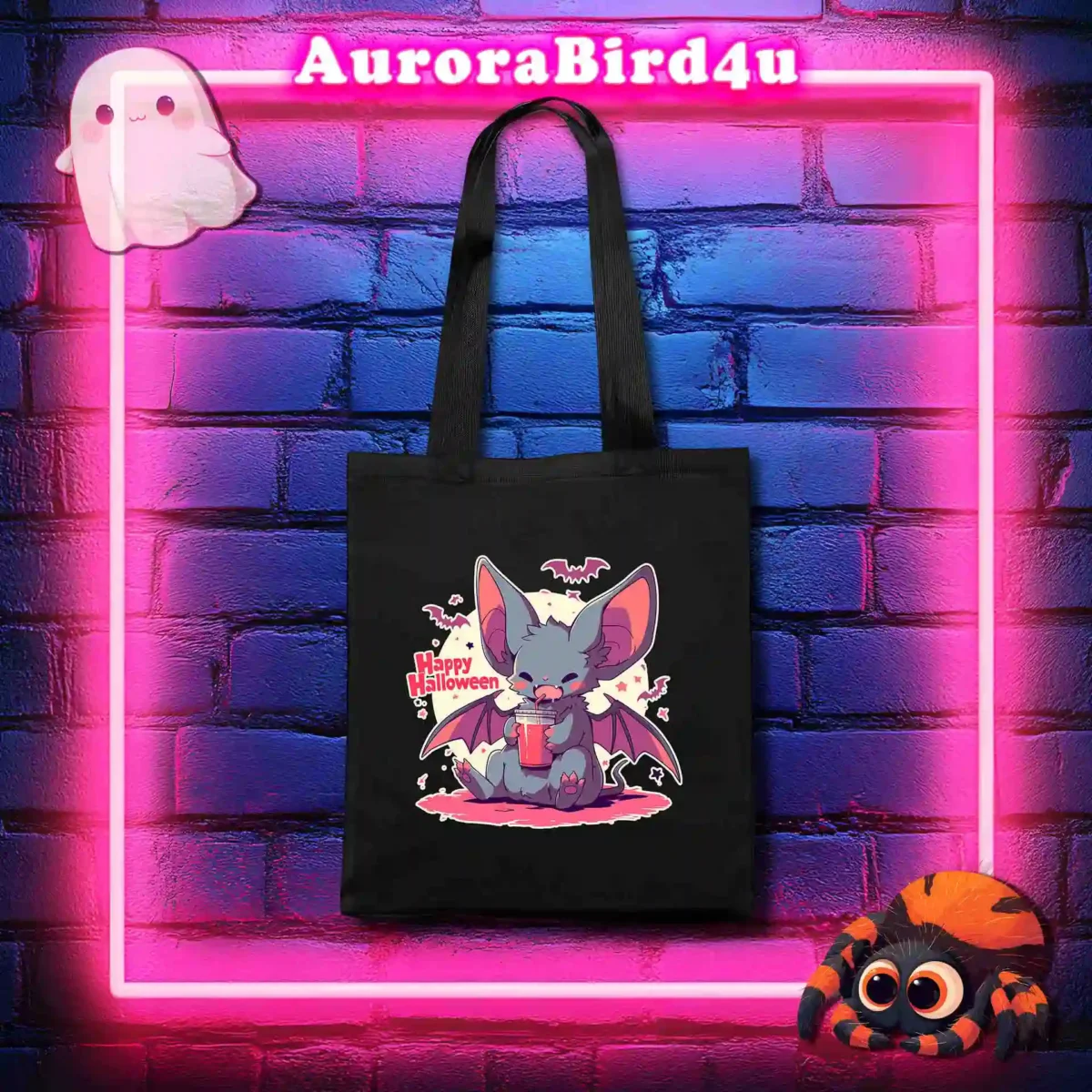 Pinker Neon Rahmen auf blauem Backstein mit Geist und Spinne - schwarze Baumwolltasche mit Fledermaus Design