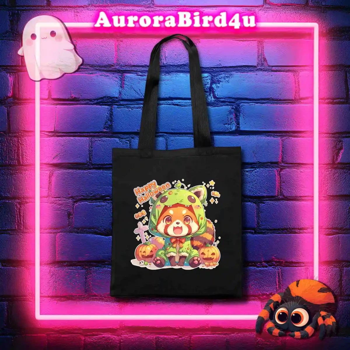 Pinker Neon Rahmen auf blauem Backstein mit Geist und Spinne - schwarze Baumwolltasche mit roter Panda Frosch Design