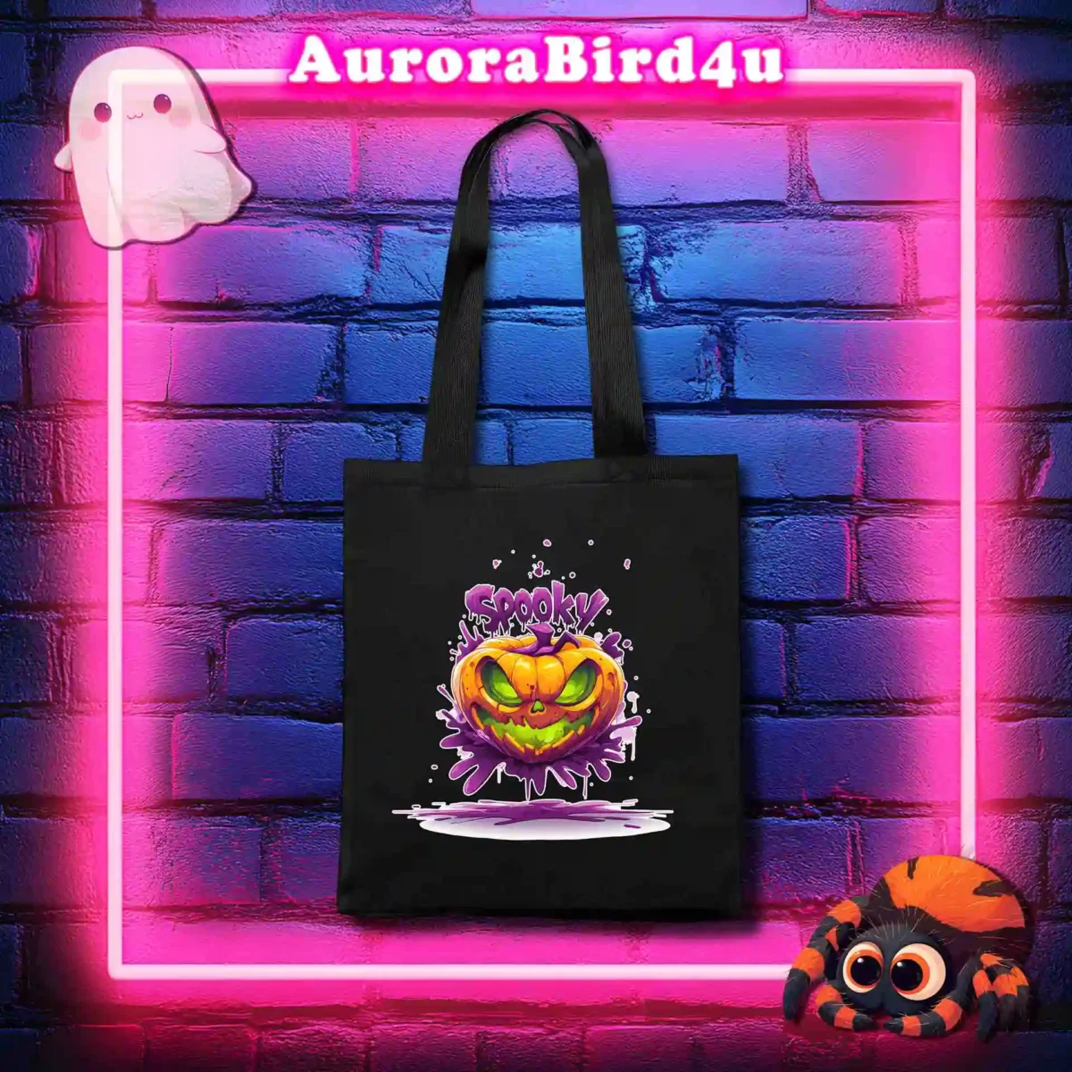 Pinker Neon Rahmen auf blauem Backstein mit Geist und Spinne - schwarze Baumwolltasche mit spooky Pumpkin Kürbis Design