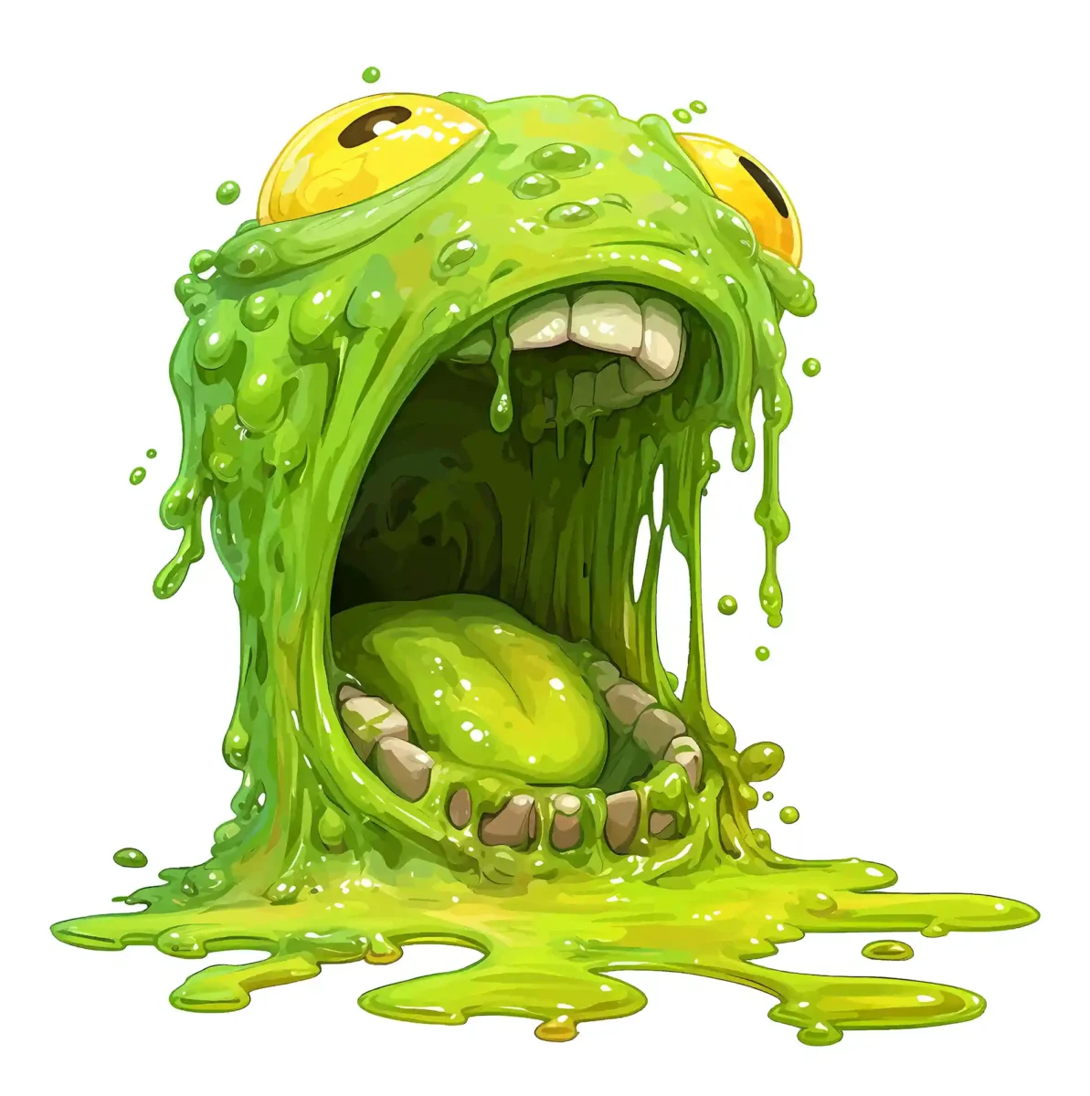 Slime Monster wide mouth - grünes schleimiges Halloween Monster mit Zähnen und weit aufgerissenem Maul und gelben Augen