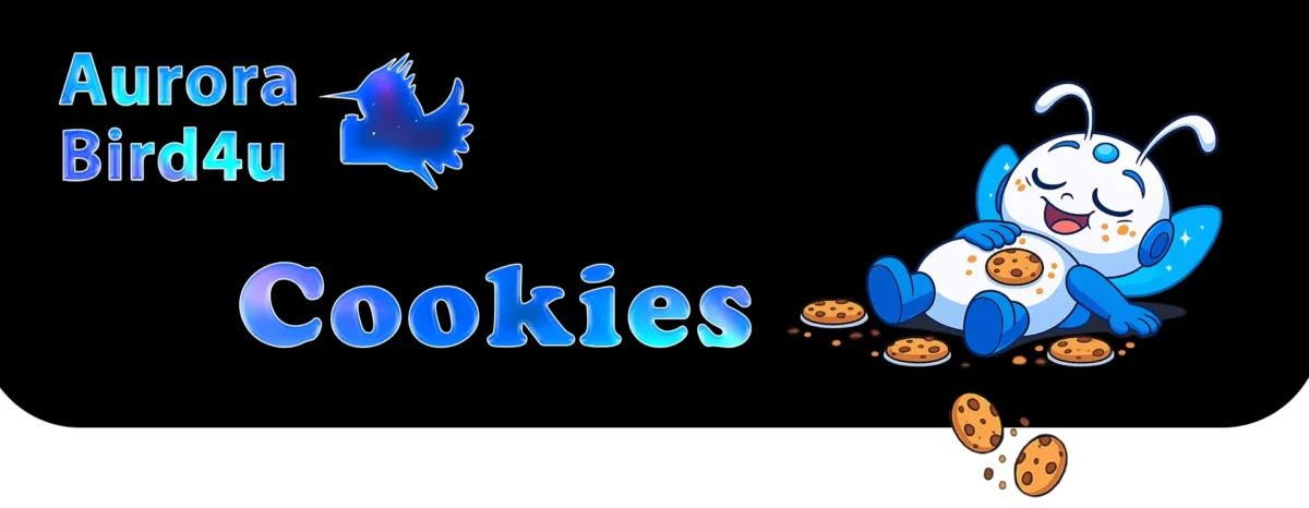 AuroraBird4u Schrift mit Aurora Borealis leuchten, Cookies Titelbild - ein Kleiner Roboter mit Flügeln liegt überfressen voll mit Cookies am rechten Rand