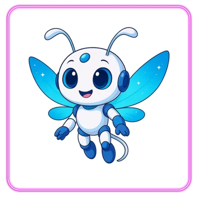 Roboter Wesen mit Antennen und Feenflügeln - Ion fliegt in der Luft