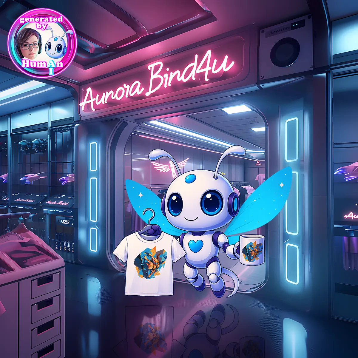 AuroraBird4u Shop mit Ion - Er hält eine Tasse und ein T-Shirt in der Hand mit der Boulder Cat drauf