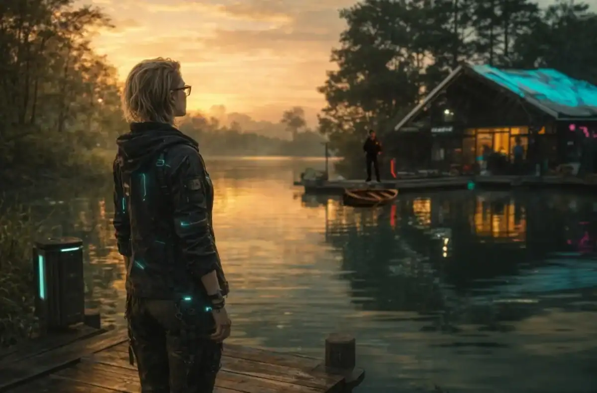 Eine Frau steht mit dem Rücken vorne an einem Steg, davor ein See, gebenüber ein haus mit einem Steg und ein Holzpaddelboot, ein Mann steht dort