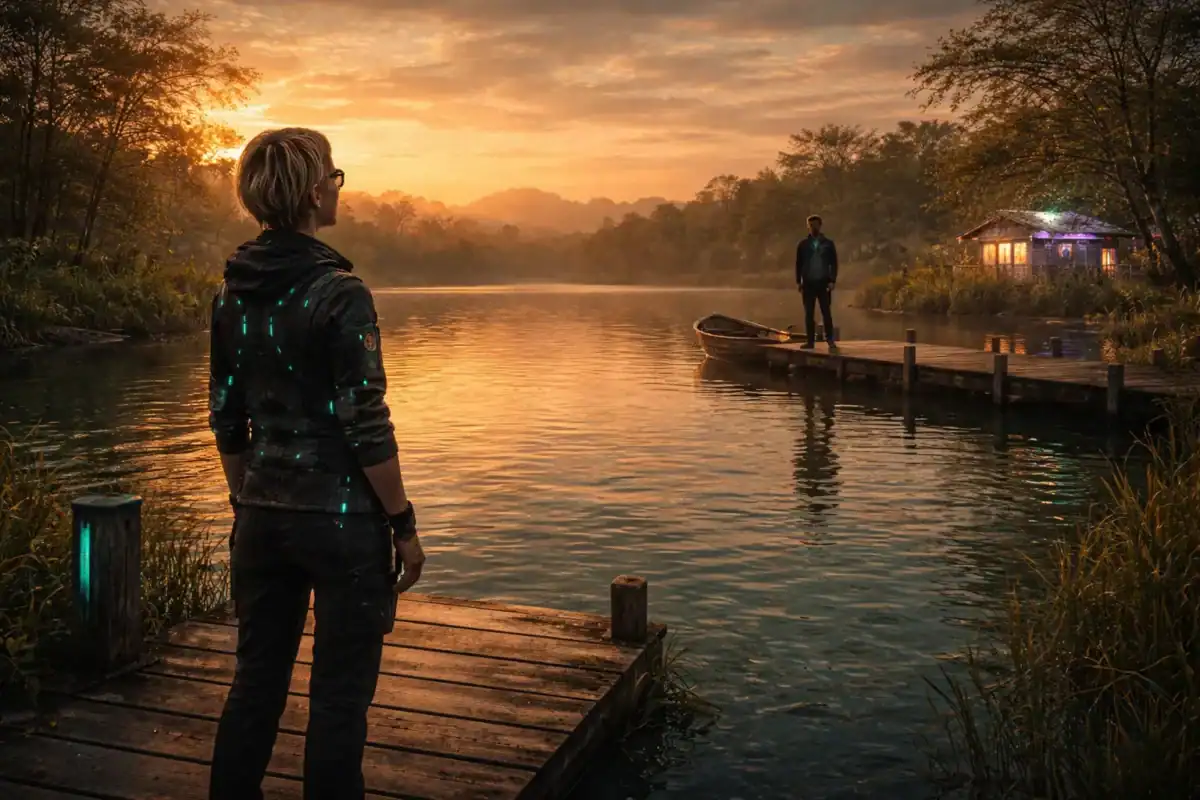 Eine Frau im Vordergrund steht auf einem Steg am See, gegen über ein Mann am Steg und ein Haus rechts im Hintergrund