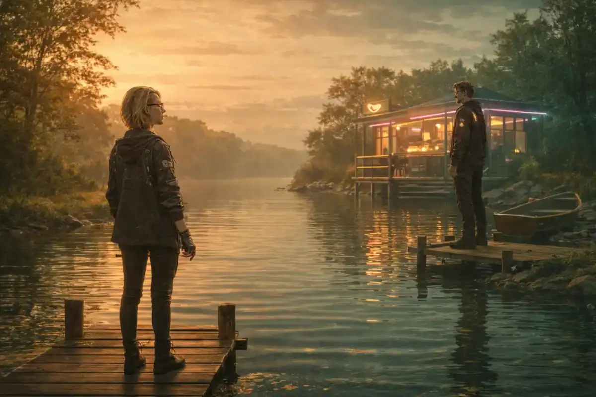 Eine Frau im Vordergrund steht auf einem Steg am See, rechts daneben ein Mann am Steg und ein Haus rechts im Hintergrund