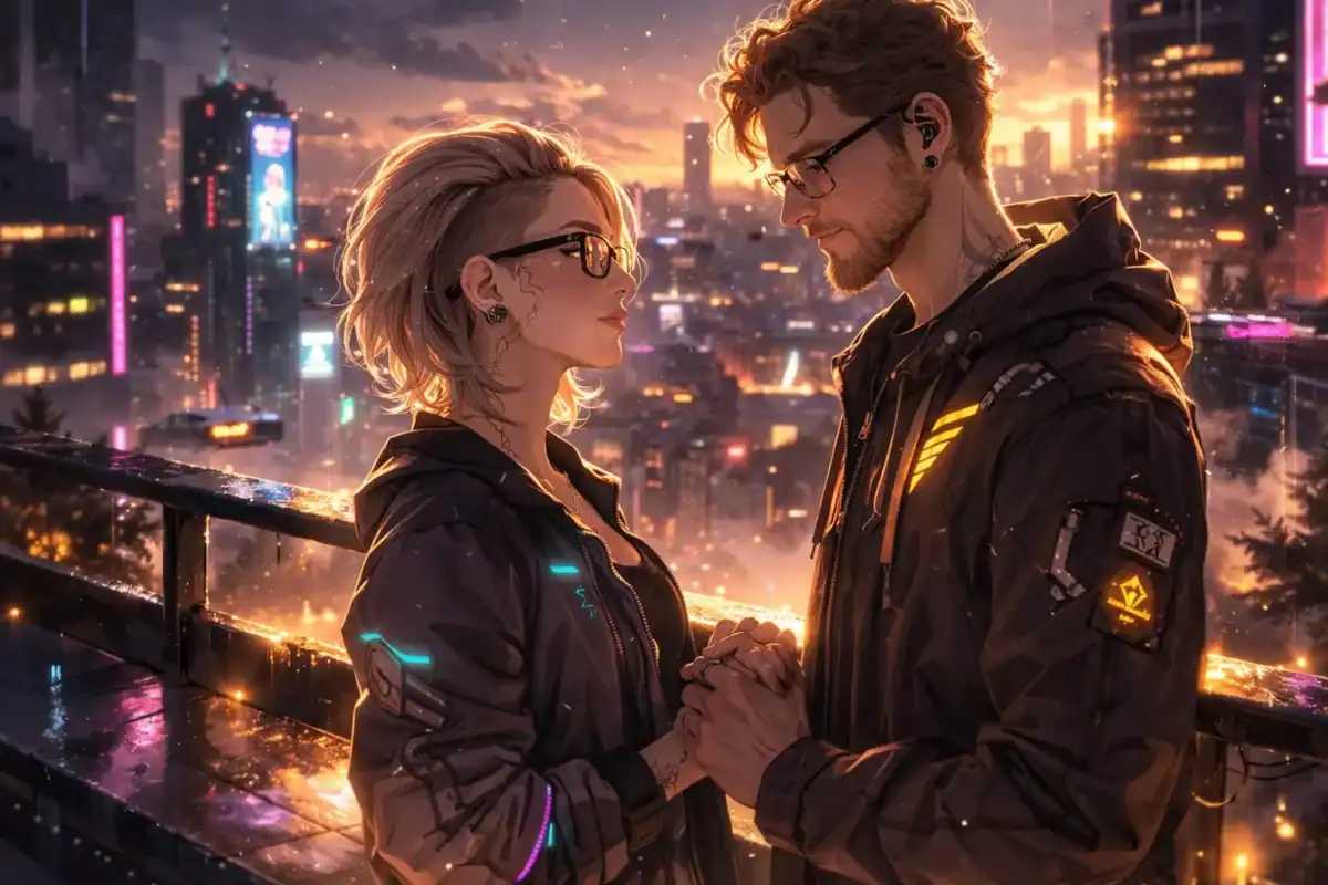 Eine Frau steht mit einen Mann auf einem Balkon, abendlich Skyline, eine Stadt im Hintergrund - Comic generiertes KI Bild für Losing Me