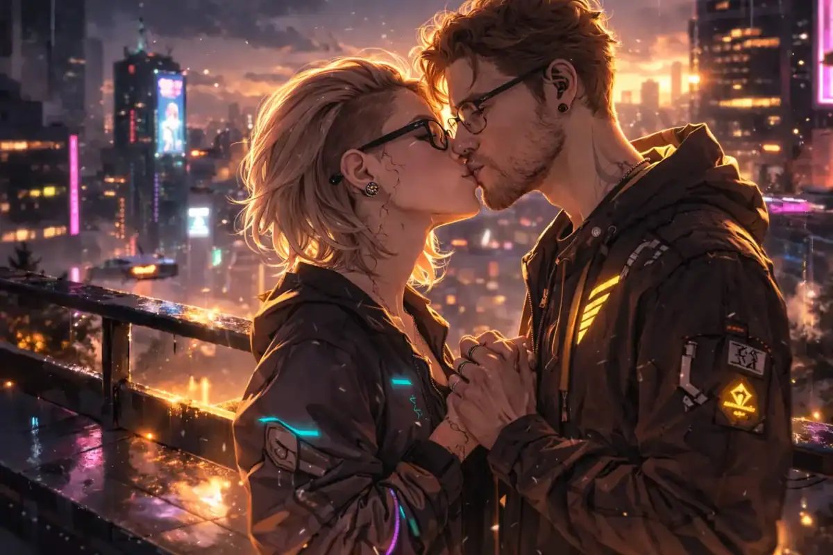 Eine Frau küsst einen Mann auf einem Balkon, abendlich Skyline, eine Stadt im Hintergrund - Comic generiertes KI Bild für Losing Me