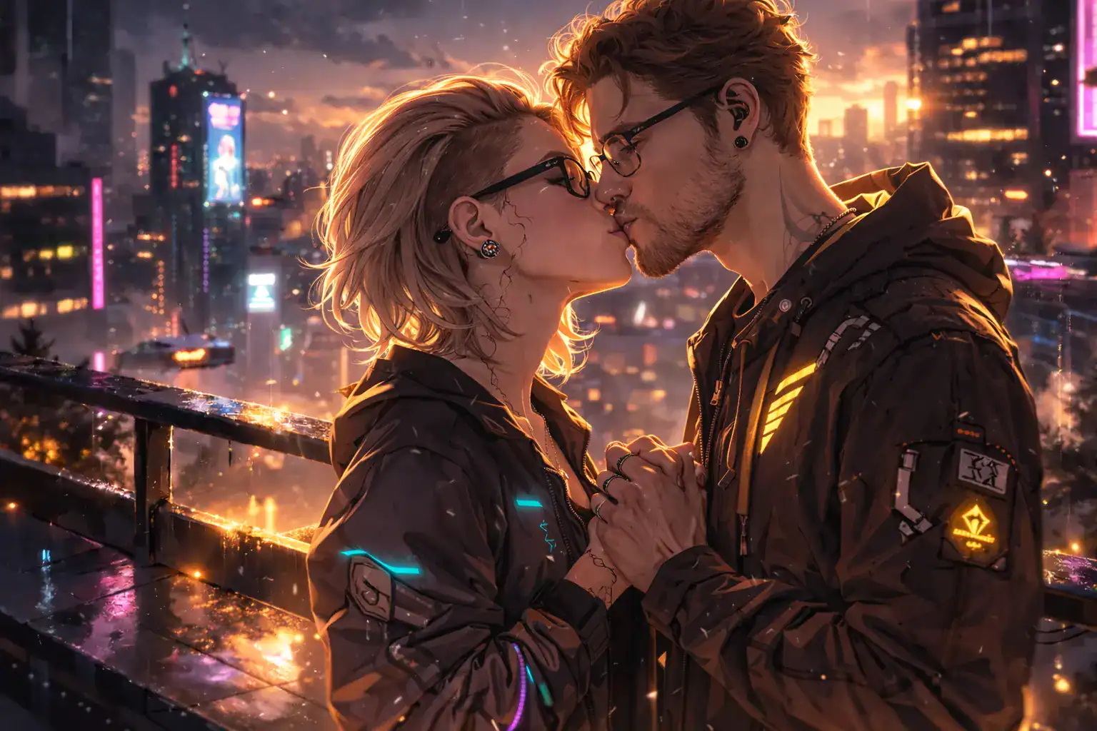 Eine Frau küsst einen Mann auf einem Balkon, abendlich Skyline, eine Stadt im Hintergrund - Comic generiertes KI Bild für Losing Me