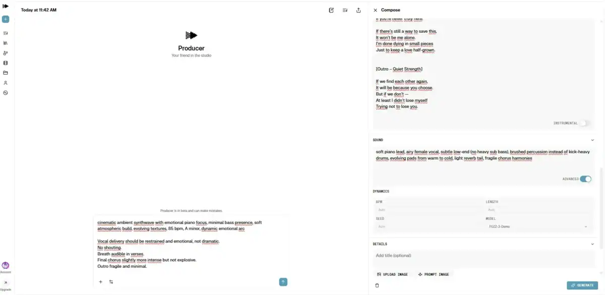 Screenshot aus Producer AI - Eingabe von Prompt, Lyrics und Soundprompt zur Erstellung eines Musikstücks