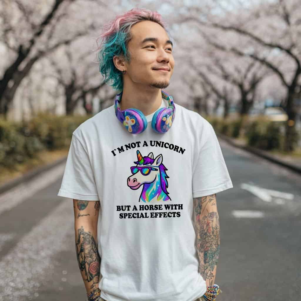 junger alternativer Mann mit pink blauen Haaren steht auf einer straße mit Kirschbäumen in voller Blüte