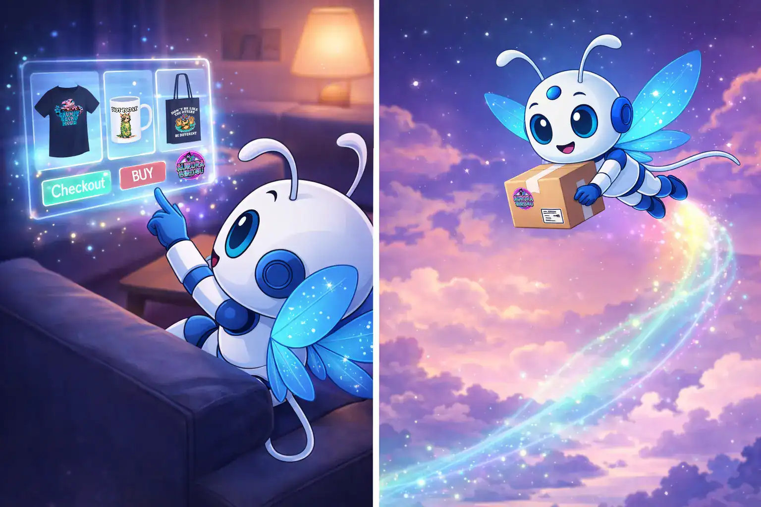 Ion der kleine fliegende Roboter zeigt die Bestellung von Produkten bei AuroraBird4u und den Versand, bei dem er ein Päckckchen hält und zu seinem nächsten Kunden fliegt