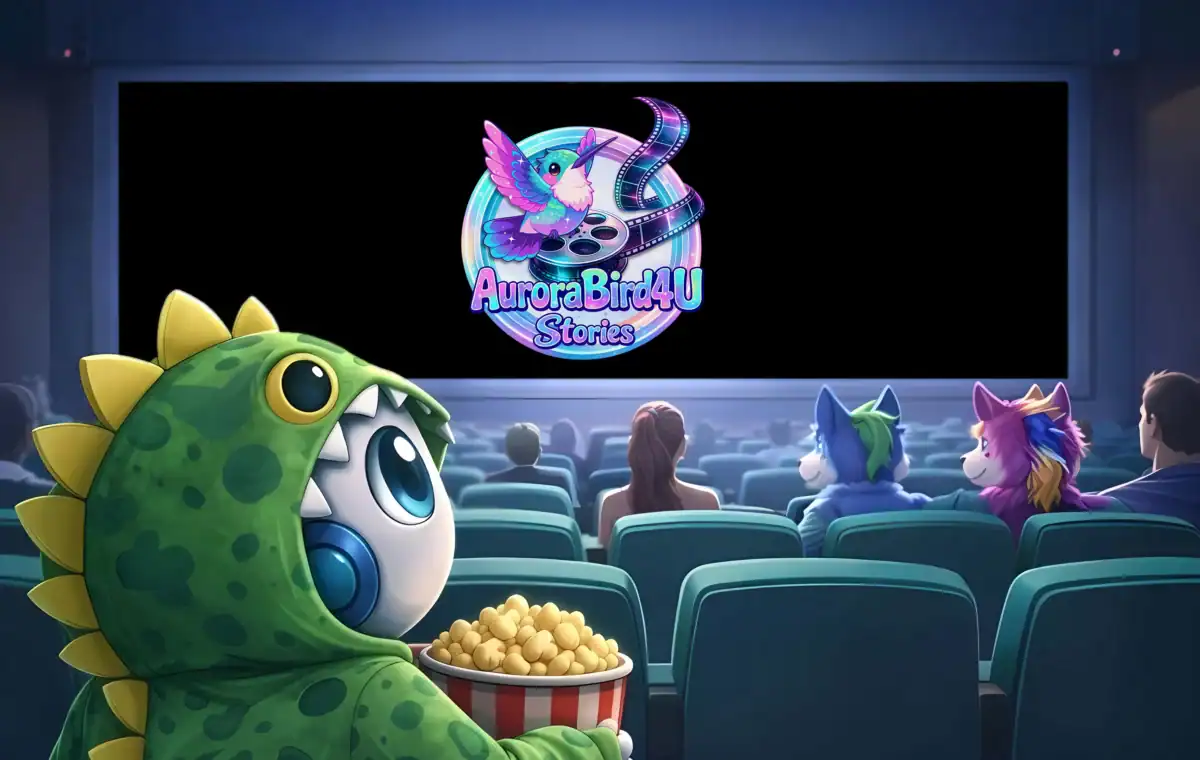 AuroraBird4u Stories Kino Szene mit kawaii Charakteren und Kolibri Logo auf Leinwand
