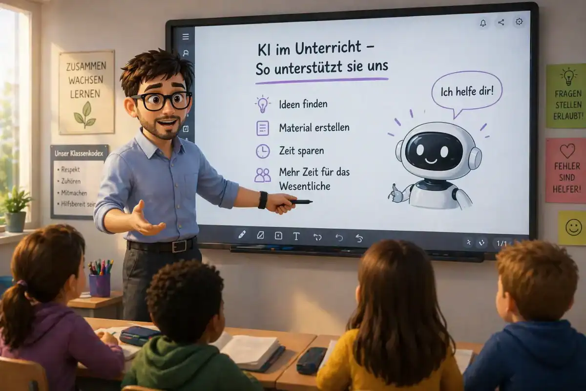 Lehrer erklärt Schülern den Unterricht mit KI am digitalen Whiteboard – Unterstützung beim Unterricht vorbereiten