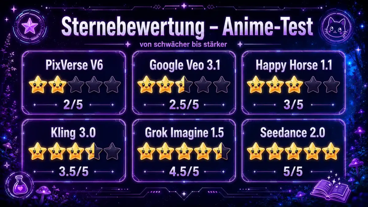 Sternebewertung von sechs KI-Videomodellen im Anime-Test mit PixVerse V6, Google Veo 3.1, Happy Horse 1.1, Kling 3.0, Grok Imagine 1.5 und Seedance 2.0.
