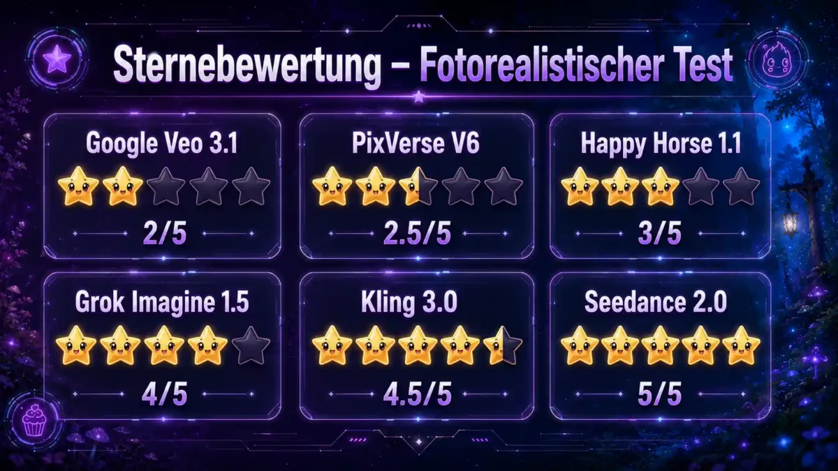 Sternebewertung von sechs KI-Videomodellen im fotorealistischen Test mit Google Veo 3.1, PixVerse V6, Happy Horse 1.1, Grok Imagine 1.5, Kling 3.0 und Seedance 2.0.