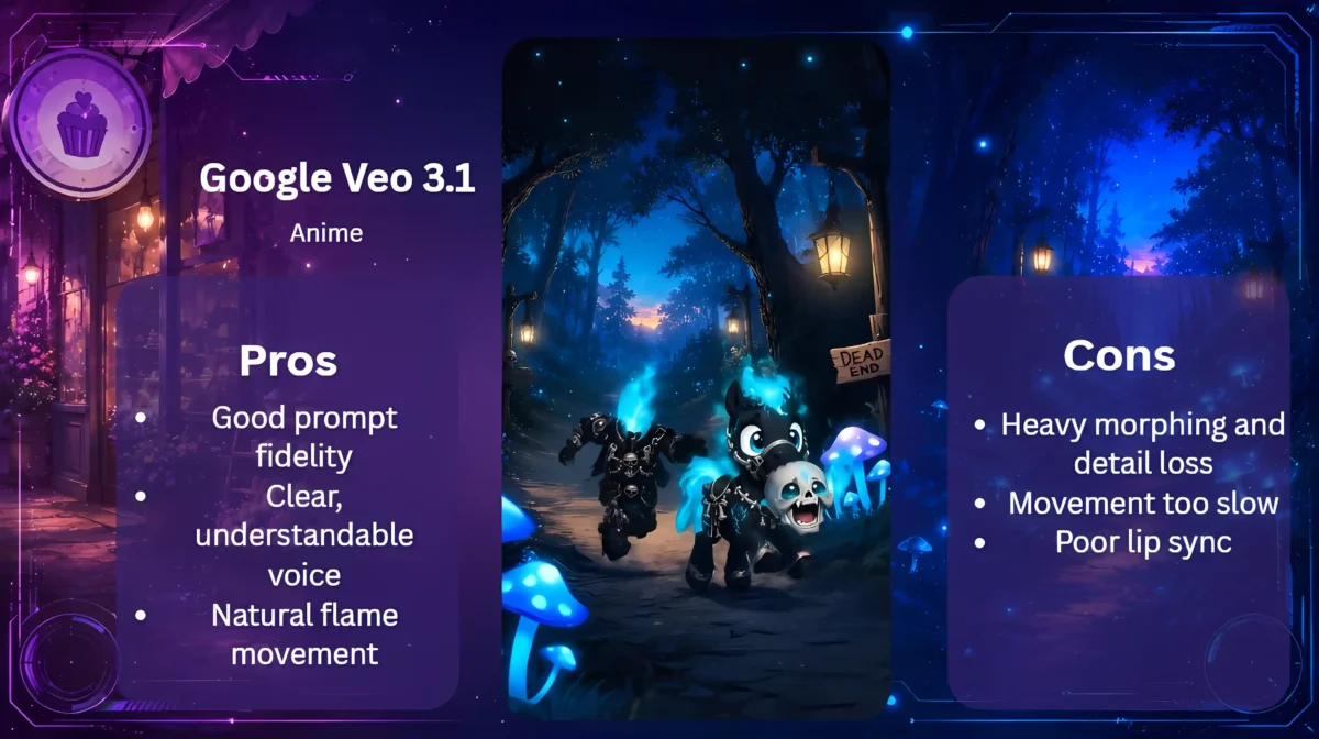 Pros-und-Cons-Grafik zu Google Veo 3.1 mit Dullahan und Pony Shadow in einem blau beleuchteten Anime-Wald.