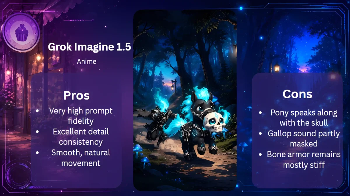 Pros-und-Cons-Grafik zu Grok Imagine 1.5 mit Dullahan, Pony Shadow und sprechendem Schädel im Fantasy-Wald.