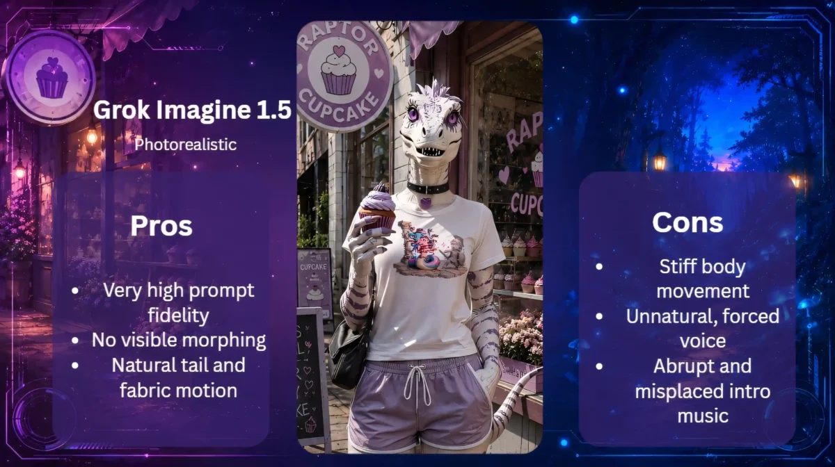 Pros-und-Cons-Grafik zu Grok Imagine 1.5 mit fotorealistischer Raptor-Hybridin und Produktshirt.